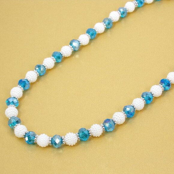 Blue glass and white round bead necklace an earring set with silver spacer beads - Picture 11 of 15
